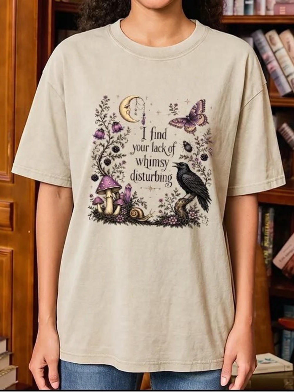 Whimsy Disturbing Graphic Tee - Beige with Purple Accents